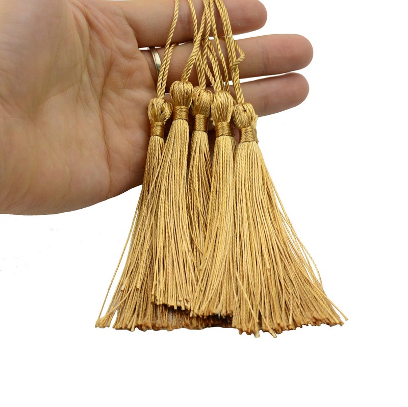 Makhry 100pcs 13cm/5 Inch Silky Floss Bookmark Tassels with 2-Inch Cord Loop and Small Chinese Knot for Jewelry Making, Souvenir, Bookmarks, DIY Craft Accessory (Champange) - Image 3